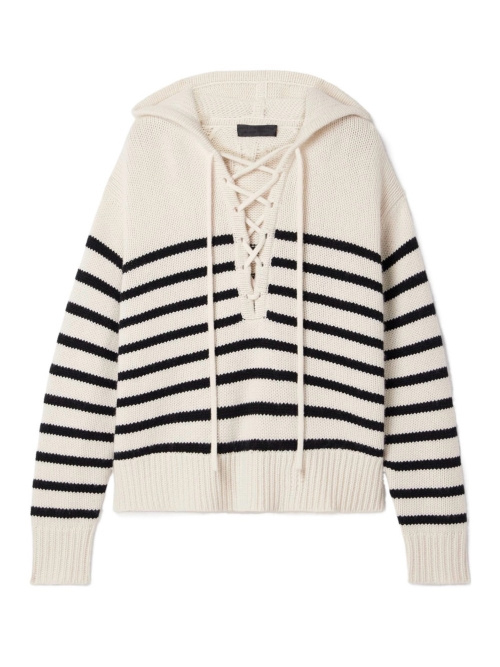 Nili Lotan Cream and Black Striped Lace-Up V-Neck Hoodie Sweater